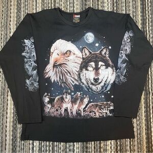 Vintage 90s AOP Black and grey long sleeve wolf and eagle long sleeve size L